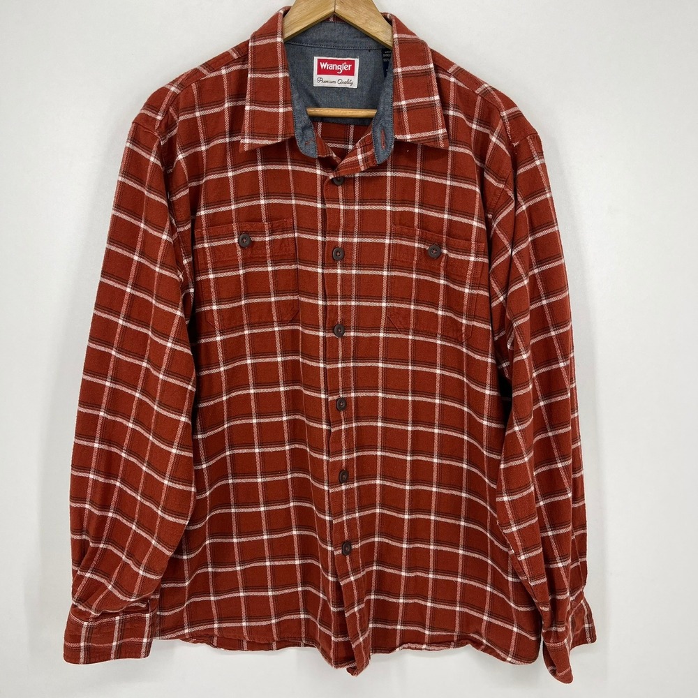 Wrangler Mens XL Rust Orange Plaid Flannel Button Down Shirt Western